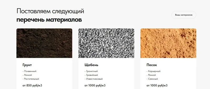Перечень материалов: грунт, щебень, песок