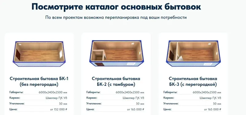 Каталог бытовок с габаритами, каркасом, утеплением и ценой