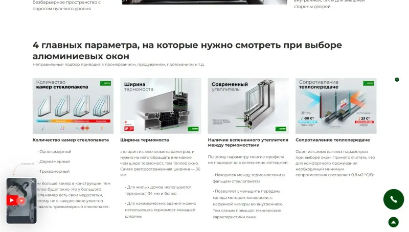 Блок «4 главных параметра при выборе алюминиевых окон»