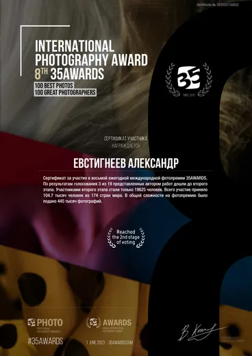 Сертификат участника 8-я международной фотопремии 35AWARDS, Евстигнеев Александр