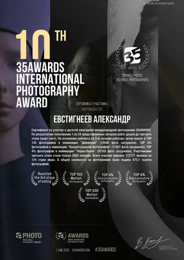 Сертификат участника 10-я международной фотопремии 35AWARDS, Евстигнеев Александр