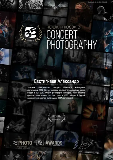 Сертификат участника тематического конкурса 35AWARDS «Концертная фотография 2021», Евстигнеев Александр