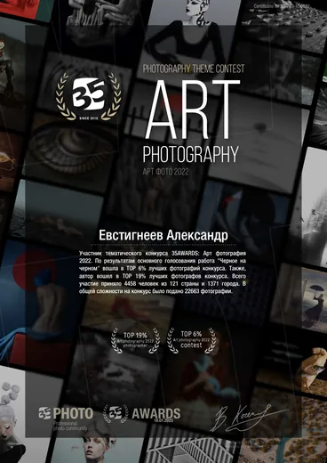 Сертификат участника тематического конкурса 35AWARDS «Арт фотография 2022», Евстигнеев Александр