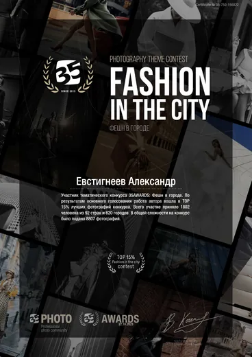 Сертификат участника тематического конкурса 35AWARDS «Фешн в городе», Евстигнеев Александр