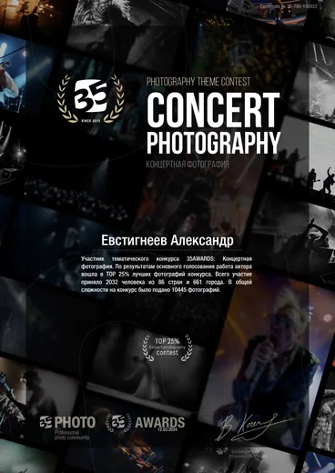 Сертификат участника тематического конкурса 35AWARDS «Концертная фотография», Евстигнеев Александр