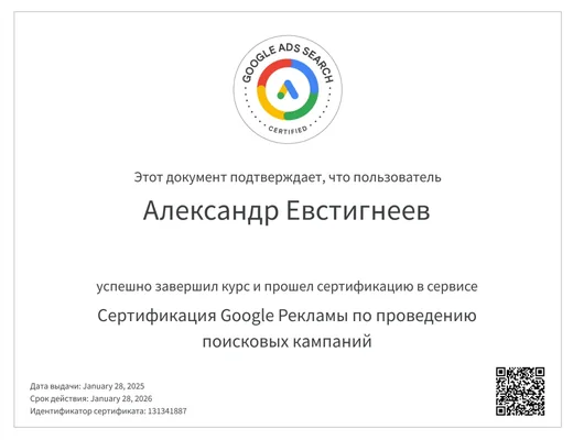 Сертификат Google Ads Search № 131341887, Александр Евстигнеев