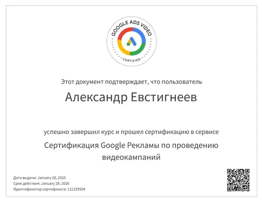 Сертификат Google Ads Video № 131329504, Александр Евстигнеев