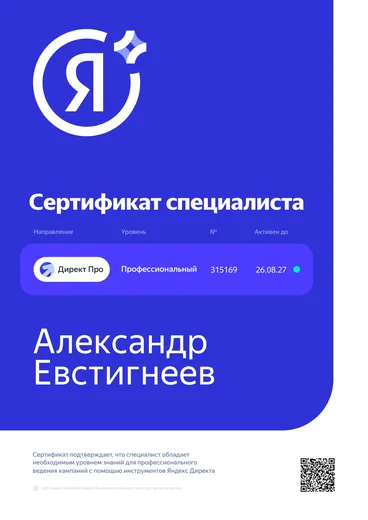 Сертификат специалиста Яндекса «Директ Про», профессиональный уровень, Александр Евстигнеев