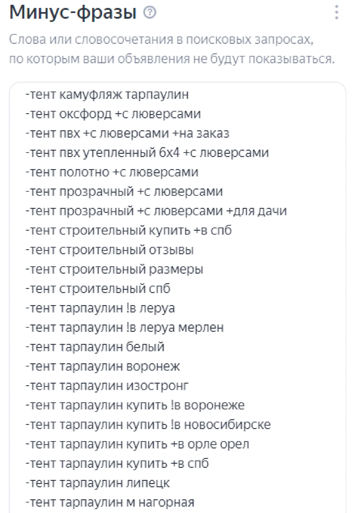 Скриншот из аудита: Минус-фразы добавлены целыми запросами