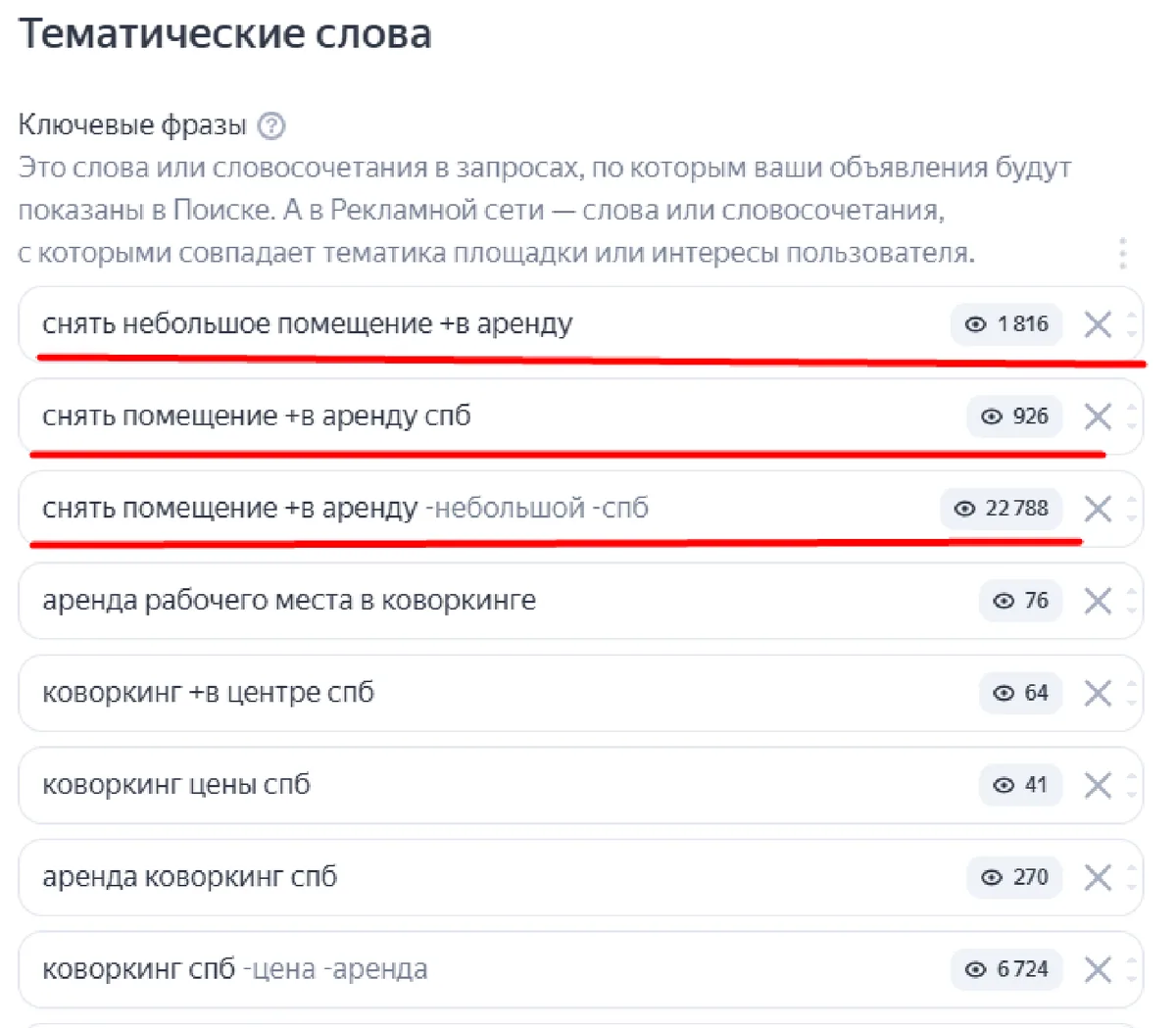 Скриншот из аудита: В кампаниях есть фразы, не относящиеся к услуге