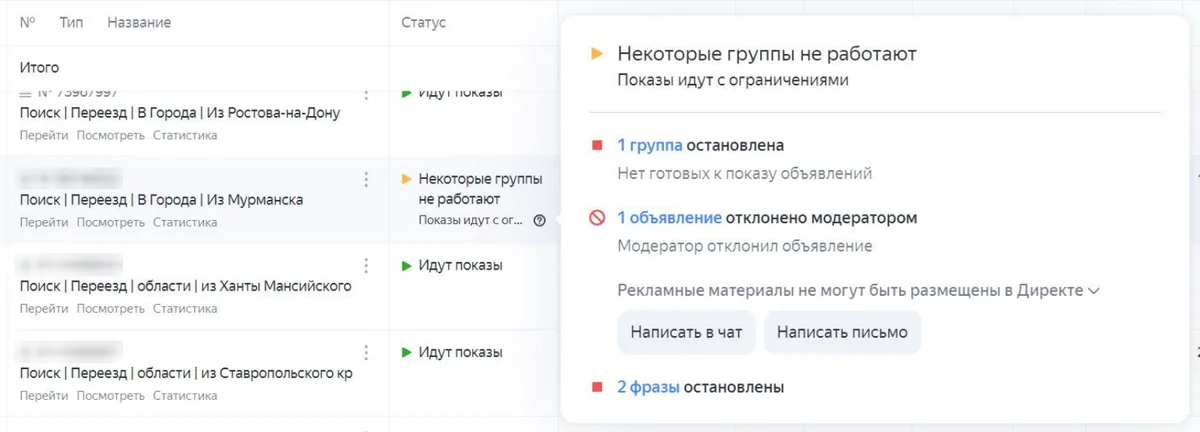 Скриншот из аудита: Объявления отклонены модерацией и висят