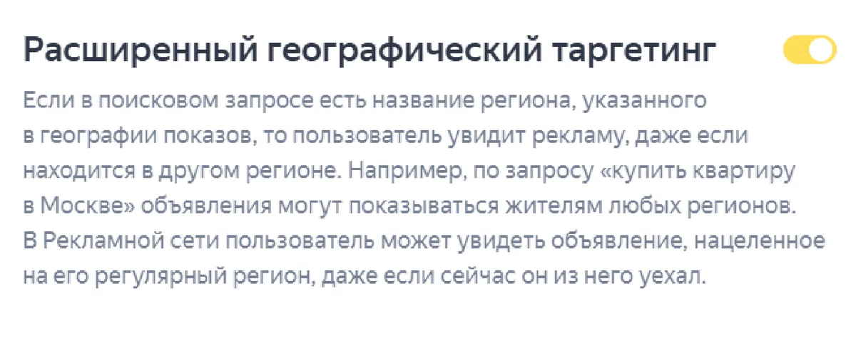 Скриншот из аудита: Включён расширенный географический таргетинг