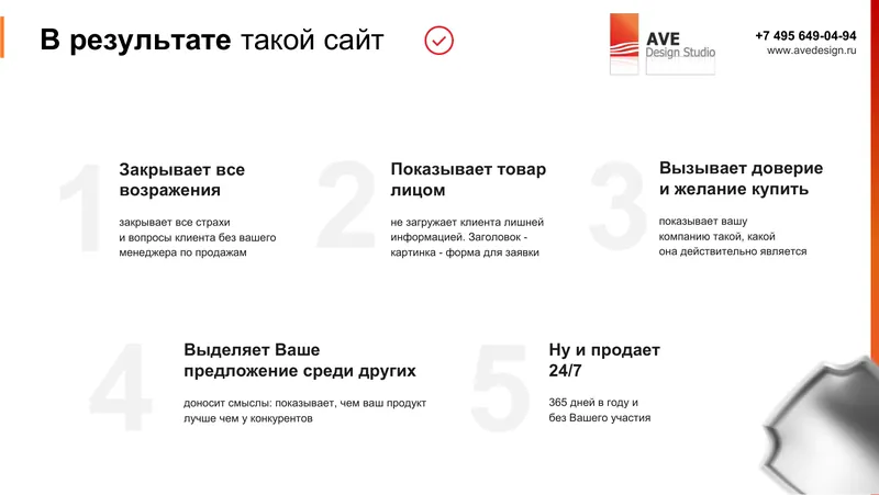 Слайд из презентации AVE Design Studio: Каким должен получиться сайт: закрывает возражения, показывает товар лицом и вызывает доверие